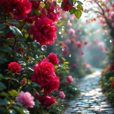 The primary subject of the image is a beautiful garden with a pathway surrounded by a variety of red flowers. The setting is a garden with a pathway, and the visual style is a photo. The dominant colors in the image are red and pink, creating a warm and inviting atmosphere.